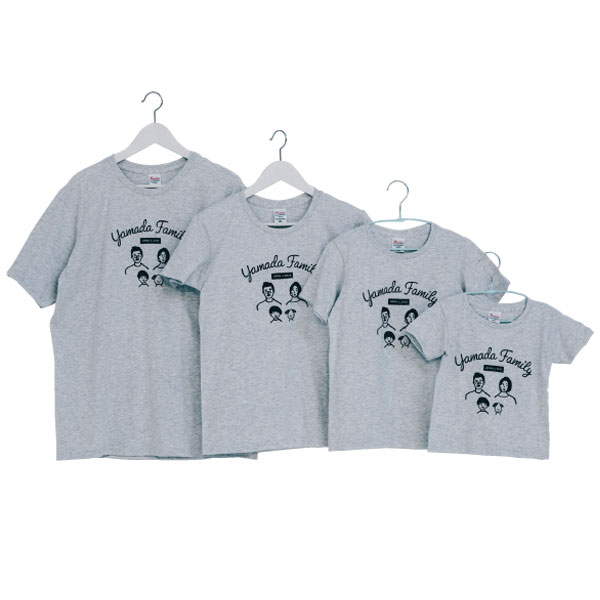 大事な家族の記念日にはお揃いTシャツを作るのも楽しそうですね!カラー:003杢グレー　向かって左から XLサイズ、WLサイズ、140サイズ、100サイズ